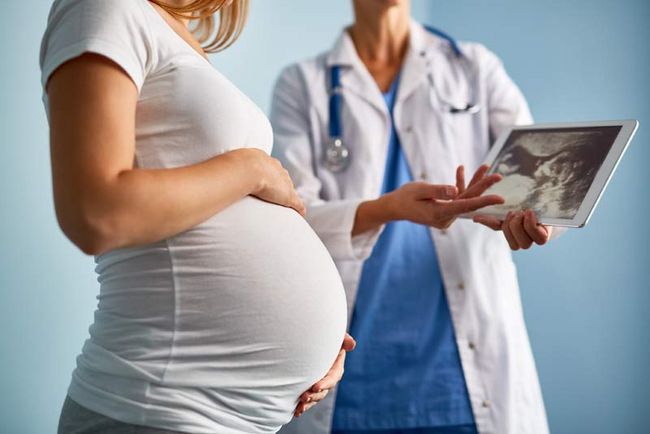 Eine schwangere Frau im Gespräch mit einer Ärztin.