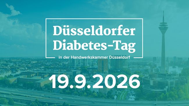 Am 19. September 2026 findet der Düsseldorfer Diabetes-Tag in der Handwerkskammer Düsseldorf statt. © Deutsches Diabetes-Zentrum Text auf blaugrünem Hintergrund, das die Stadt Düsseldorf zeigt, mit der Aufschrift 'Düsseldorfer Diabetes-Tag in der Handwerkskammer Düsseldorf 19.9.2026