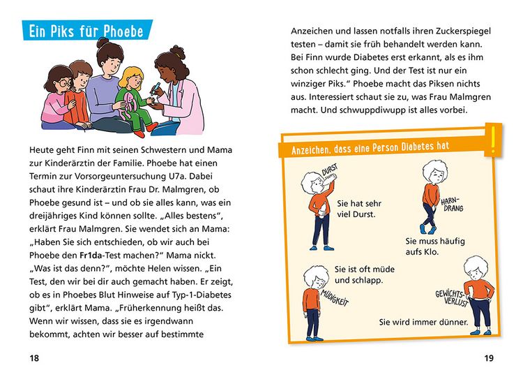 Eine Innenseite aus dem Pixi Wissen-Buch „Finn und die Übernachtungsparty – Typ-1-Diabetes in der Schule“.