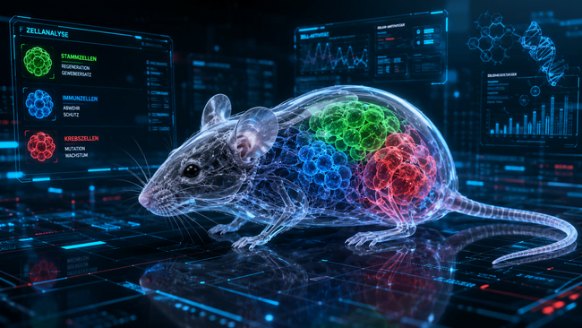 eine durchsichtige Maus mit farblich grun/blau/rot markierten Zellen in einem futurisitschen, digitalen Umfeld