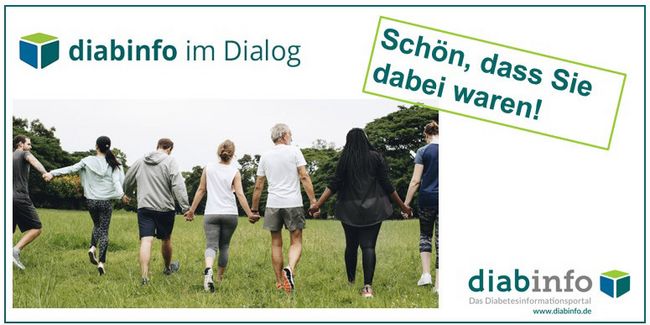Abschlussfolie des digitalen Patientenforums "diabinfo im Dialog" mit dem diabinfo-Logo und dem Schriftzug "Schön, dass Sie dabei waren!"