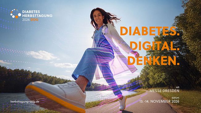 Banner der DDG Diabetes Herbsttagung 2026 mit einer laufenden Ärztin und dem Motto „Diabetes. Digital. Denken.“