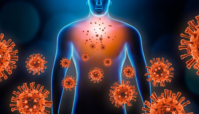 Mehrere Viren vor der Silhouette einer Person und speziell im Brustbereich.