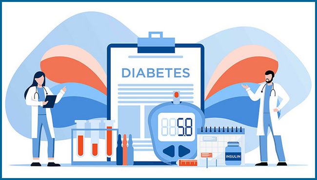 Illustration mit einem Klemmbrett mit dem Schriftzug "Diabetes", mehreren Diabetes-Utensilien und einer Ärztin und einem Arzt.