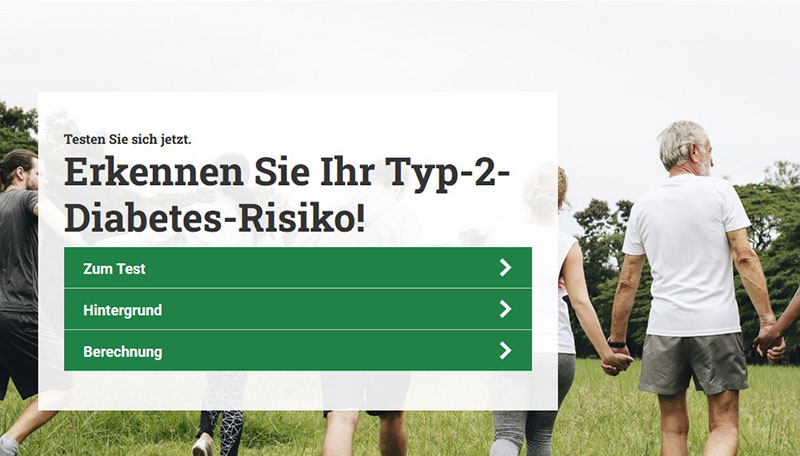 Screenshot von der diabinfo-Website mit dem Text "Erkennen Sie Ihr Typ-2-Diabetes-Risiko! Testen Sie sich jetzt."