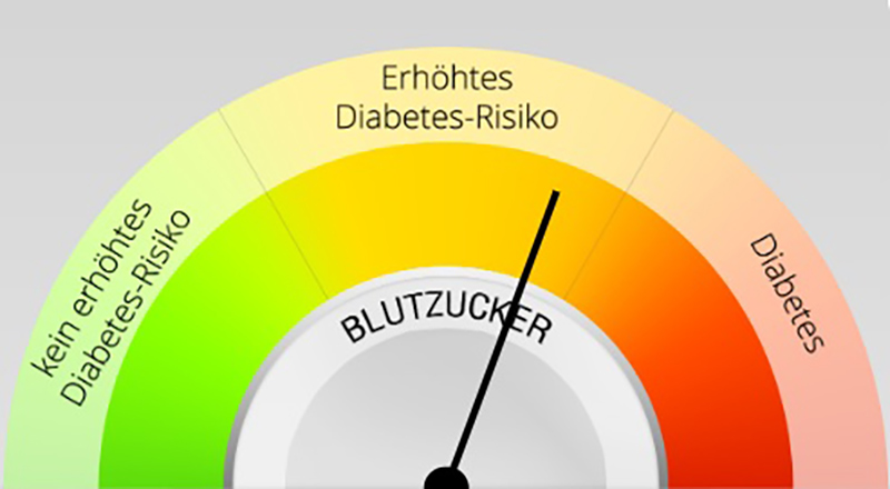 Tachoanzeige von "kein erhöhtes Diabetes-Risiko" (grün), über "erhöhtes Diabetes-Risiko" (gelb), bis "Diabetes" (rot) 